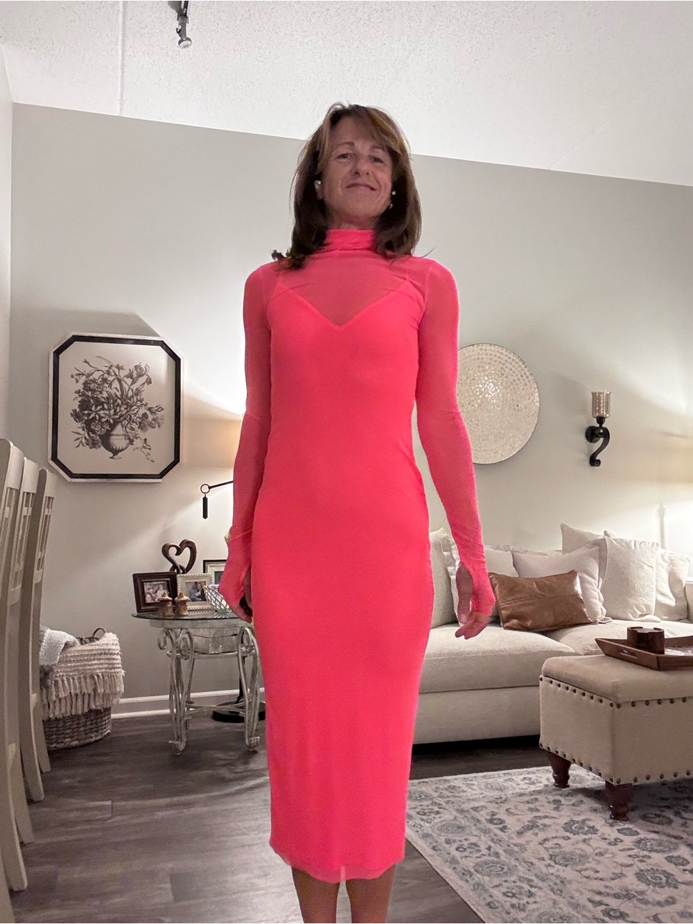 AFRM Neon Pink Long Sleeve Midi Dress with Sheer Yoke